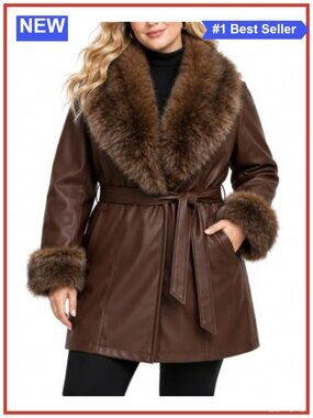Women Plus Size Faux Leather Jacket Faux Fur Collar Belted Coat